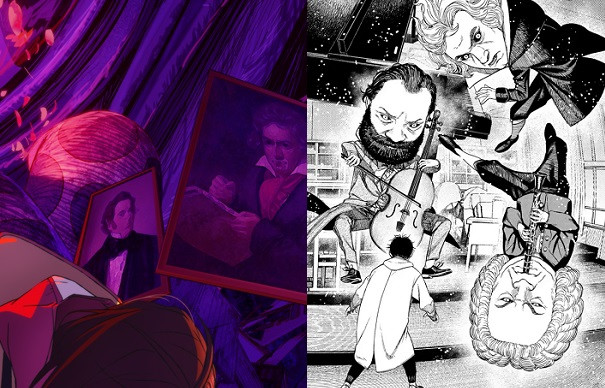 Các nhạc sĩ cổ điển nổi tiếng trên poster anime (bên trái) và trong manga (bên phải).