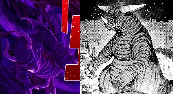 Kaiju trên poster anime (bên trái) và trong manga (bên phải).