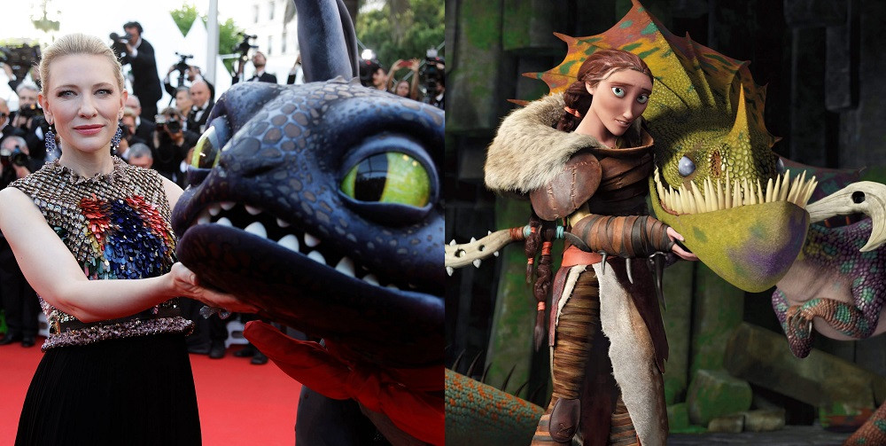 Cate Blanchett (trái) lồng tiếng cho mẹ của Hiccup trong bản hoạt hình (phải).