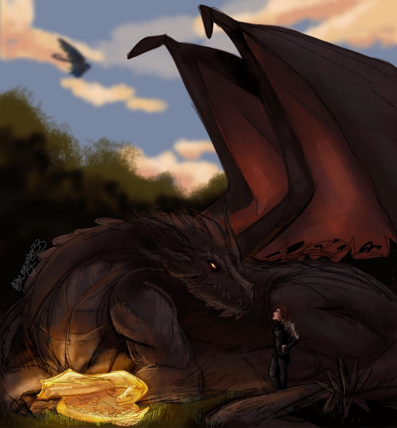 Theo tiểu thuyết, rồng Tairn to lớn còn rồng Andarna nhỏ bé nhưng có màu vàng rực rỡ. (Tranh: Instagram @the_megabee33)