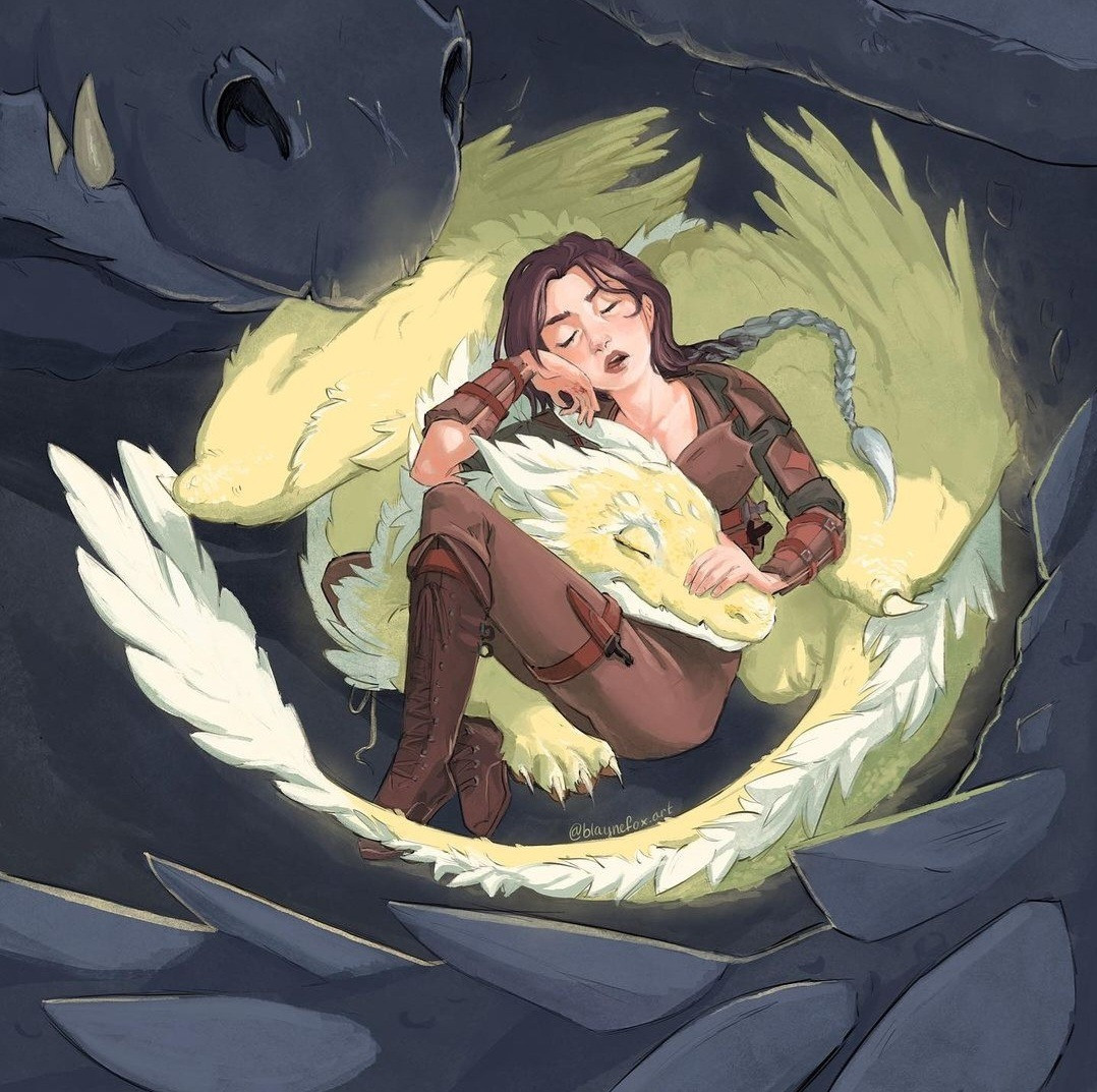 Violet và hai con rồng của mình. (Tranh: Instagram @blaynefox.art)
