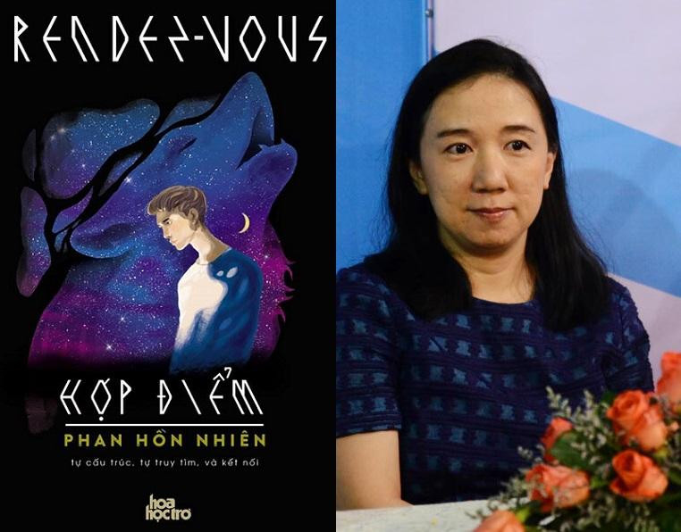 Nhà văn Phan Hồn Nhiên và cuốn sách "Hợp điểm" do Hoa Học Trò phát hành.