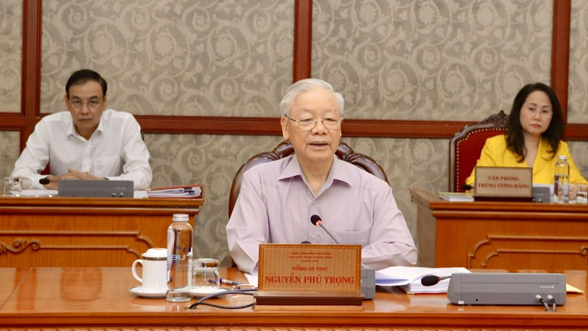 Tổng Bí thư Nguyễn Phú Trọng chủ trì cuộc họp Bộ Chính trị, Ban Bí thư. Ảnh: VOV