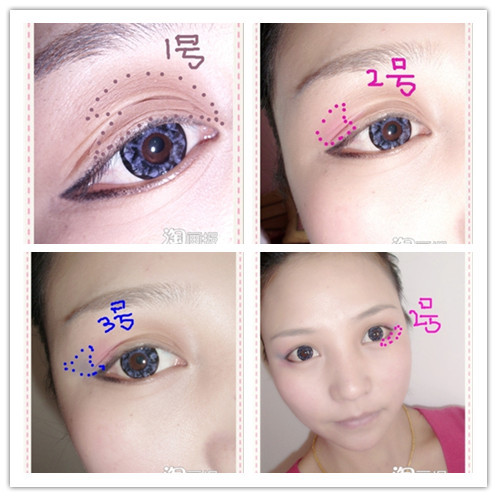 Bạn chỉ phần viền mắt phía ngoài thôi nhé. Chọn các tone màu như trên hình và đánh theo thứ tự vào những vùng trên mắt. Gắn mi giả cho cả mi trên và mi dưới. Cuối cùng là phấn bột lấp lánh vào hai khóe mắt để đôi mắt thêm nổi bật vào buổi tối.