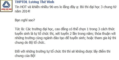 Thông tin nóng được đăng tải trên page trường THPTDL Lương Thế Vinh. Ảnh: Chụp từ màn hình