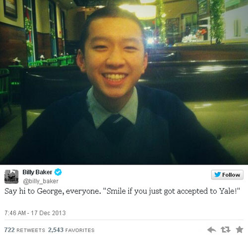 Tweet của Baker sau khi biết George đã đỗ vào trường đại học Yale. Ảnh: Boston Globe