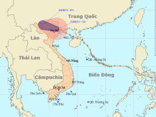 Sáng nay 3/8, sau khi đi vào đất liền bão số 5 suy yếu thành áp thấp nhiệt đới. Ảnh: Trung tâm Dự báo Khí tượng Thủy văn Trung ương