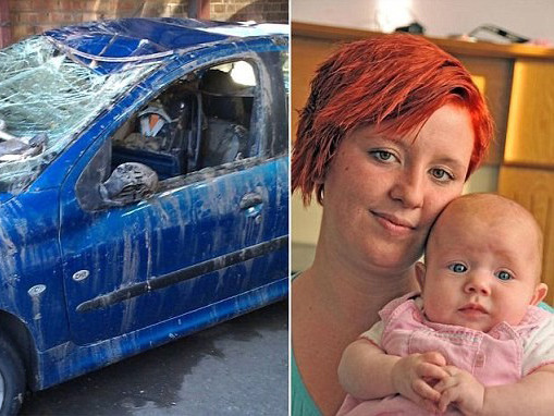 Mẹ con cô bé thoát chết kỳ diệu và chiếc xe hơi bị chìm dưới nước. Ảnh: Dailymail 