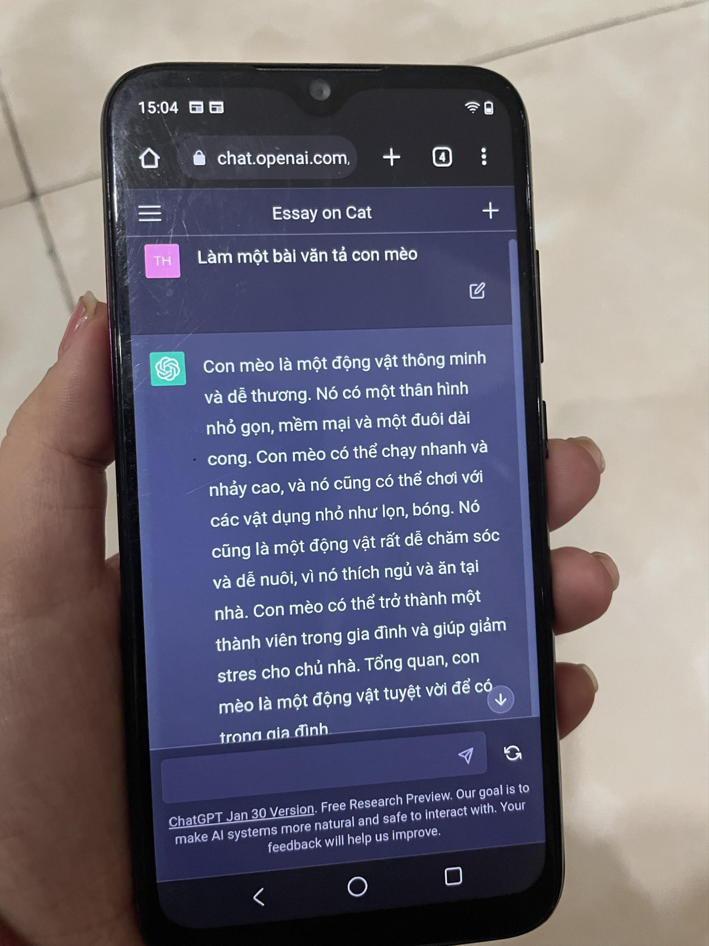 Bài văn miêu tả con mèo do ChatGPT làm ra trong vòng vài giây. Ảnh: Nguyễn Hoài Bài văn miêu tả con mèo do ChatGPT làm ra trong vòng vài giây. Ảnh: Nguyễn Hoài
