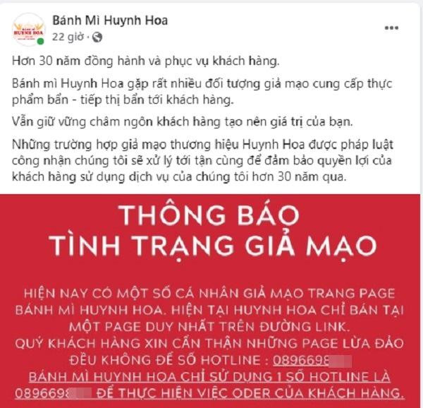 Fanpage Bánh mì Huynh Hoa thông báo chuyện bị giả mạo thương hiệu. Fanpage Bánh mì Huynh Hoa thông báo chuyện bị giả mạo thương hiệu.