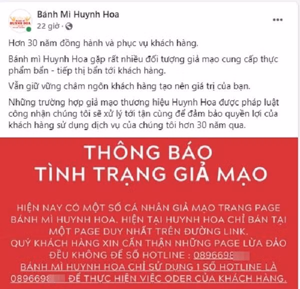 Fanpage Bánh mì Huynh Hoa thông báo chuyện bị giả mạo thương hiệu.
