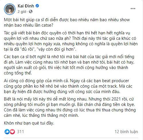 Bài đăng trên trang cá nhân của nhạc sĩ Kai Đinh gây chú ý chiều nay. Ảnh: FBVN Bài đăng trên trang cá nhân của nhạc sĩ Kai Đinh gây chú ý chiều nay. Ảnh: FBVN