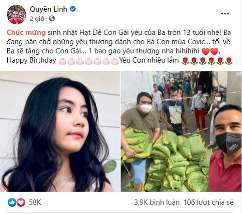 Bận rộn phát quà hỗ trợ mùa dịch, nghệ sĩ Quyền Linh không quên gửi lời chúc mừng sinh nhật con gái. Bận rộn phát quà hỗ trợ mùa dịch, nghệ sĩ Quyền Linh không quên gửi lời chúc mừng sinh nhật con gái.