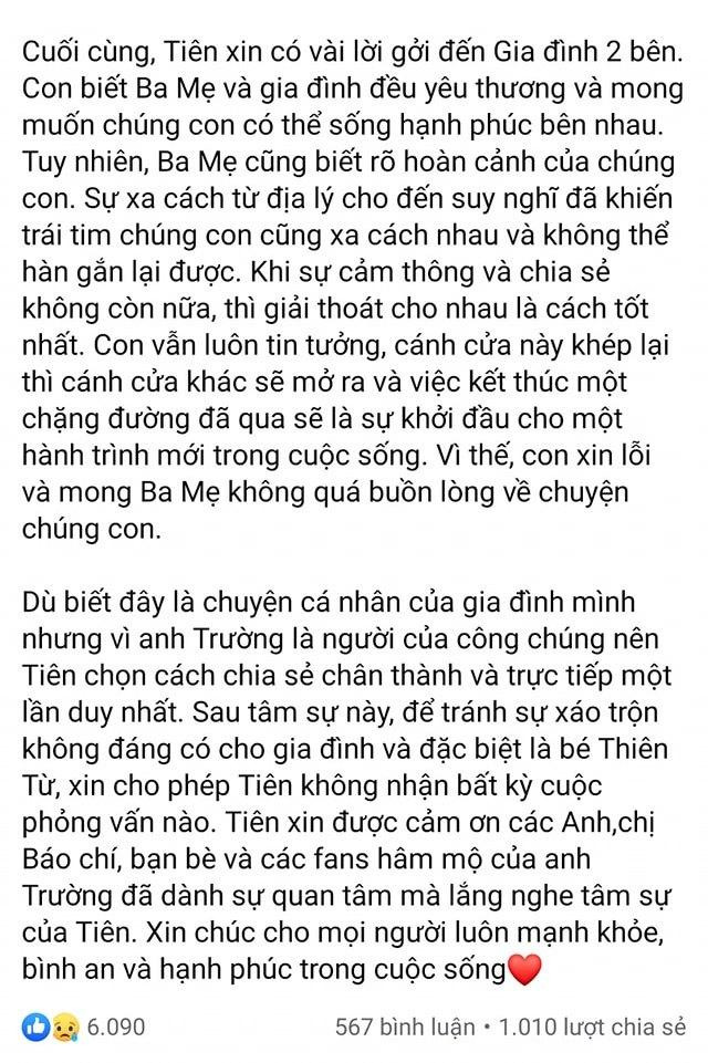 Tâm thư của doanh nhân Thủy Tiên thông báo tin ly hôn ca sĩ Đan Trường. Tâm thư của doanh nhân Thủy Tiên thông báo tin ly hôn ca sĩ Đan Trường.