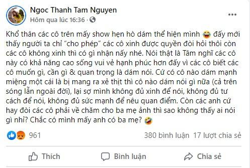 Chia sẻ của diễn viên Ngọc Thanh Tâm tiếp tục gây nhiều luồng ý kiến tranh cãi.