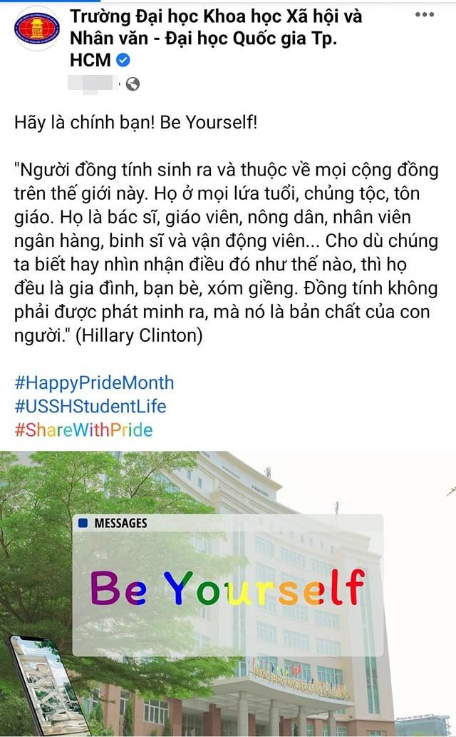 Bài đăng ủng hộ cộng đồng LGBTQ+ trên fanpage ĐH Khoa học Xã hội và Nhân văn TP.HCM. Bài đăng ủng hộ cộng đồng LGBTQ+ trên fanpage ĐH Khoa học Xã hội và Nhân văn TP.HCM.