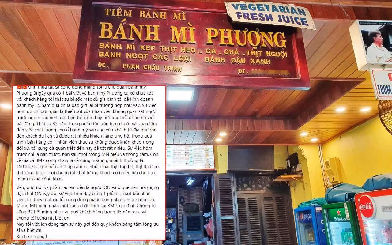 Chủ tiệm bánh mì Phượng lên tiếng xin lỗi về sự việc. Ảnh: FBNV