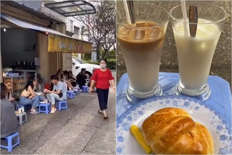 Khách ngồi quây quần ở vỉa hè và thưởng thức ly sữa ngon lành "chill" cùng bánh ngọt. (Nguồn: @nini0611)