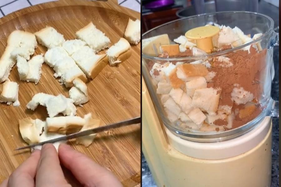 Cắt nhỏ lát bánh mì sandwich rồi xay nhuyễn với bột cacao, ít đường và sữa. Cắt nhỏ lát bánh mì sandwich rồi xay nhuyễn với bột cacao, ít đường và sữa.