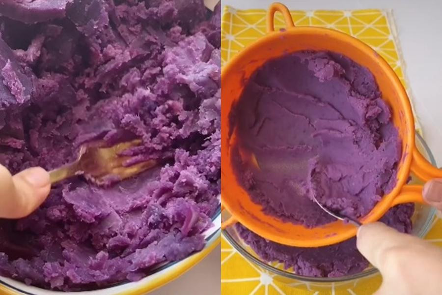 Dầm nhuyễn khoai lang tím rồi nghiền qua ray lọc để phần vỏ bánh mịn hơn. Dầm nhuyễn khoai lang tím rồi nghiền qua ray lọc để phần vỏ bánh mịn hơn.