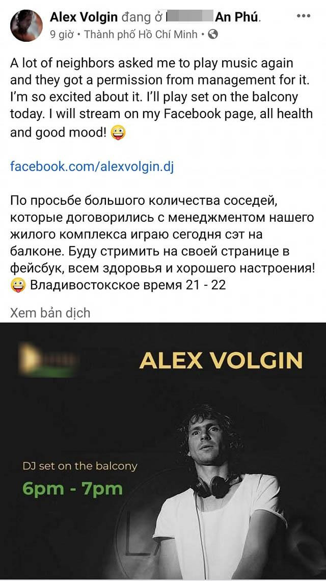 Trước đó, Alex Volgin có thông báo về buổi chơi nhạc trên fanpage. Trước đó, Alex Volgin có thông báo về buổi chơi nhạc trên fanpage.