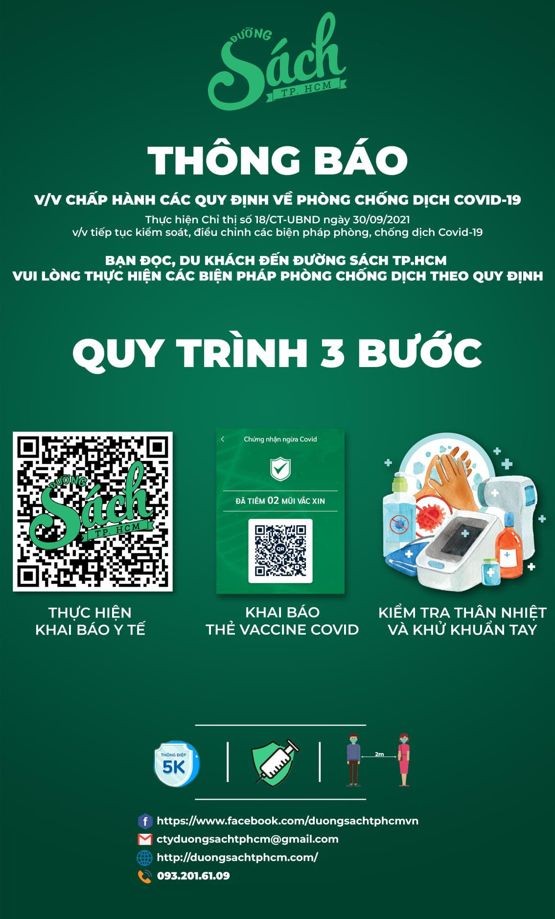 Bạn đọc đến tham quan, mua sắm tại Đường sách TP.HCM sẽ tuân thủ các bước theo quy định để đảm bảo an toàn sức khỏe. (Ảnh: Đường sách TP.HCM)