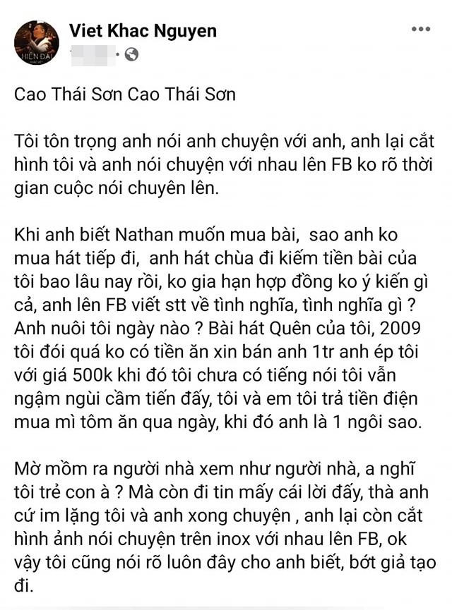 Chia sẻ của nhạc sĩ Khắc Việt về bản quyền 2 ca khúc. Ảnh: FBNV Chia sẻ của nhạc sĩ Khắc Việt về bản quyền 2 ca khúc. Ảnh: FBNV