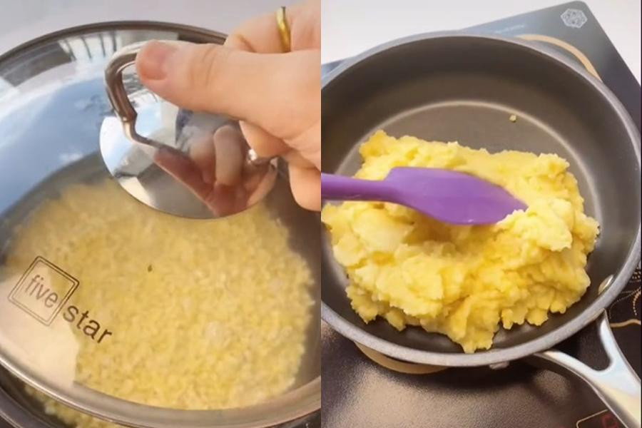 Nấu nhừ đậu xanh đã ngâm rồi sên trên lửa nhỏ đến khi nhân bánh quyện lại. Nấu nhừ đậu xanh đã ngâm rồi sên trên lửa nhỏ đến khi nhân bánh quyện lại.