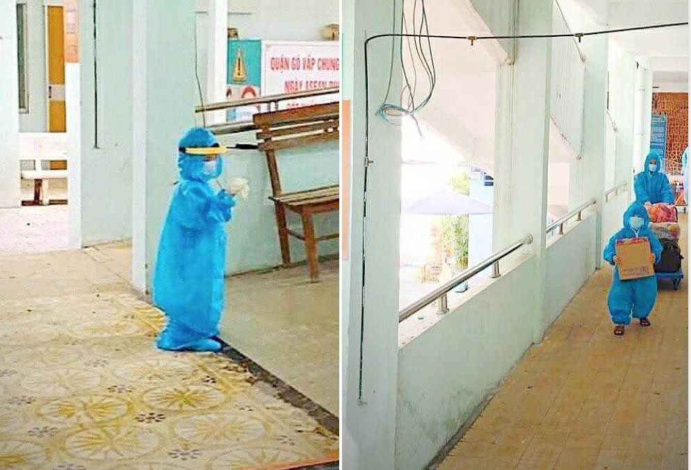 Em bé 5 tuổi phụ mẹ khuân đồ từ khu cách ly qua bệnh viện điều trị COVID-19. (Ảnh: TTYT Gò Vấp) Em bé 5 tuổi phụ mẹ khuân đồ từ khu cách ly qua bệnh viện điều trị COVID-19. (Ảnh: TTYT Gò Vấp)