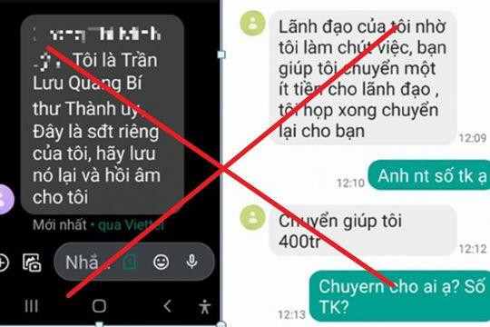 Tin nhắn mạo danh Bí thư Thành ủy Hải Phòng Trần Lưu Quang mượn tiền. Tin nhắn mạo danh Bí thư Thành ủy Hải Phòng Trần Lưu Quang mượn tiền.
