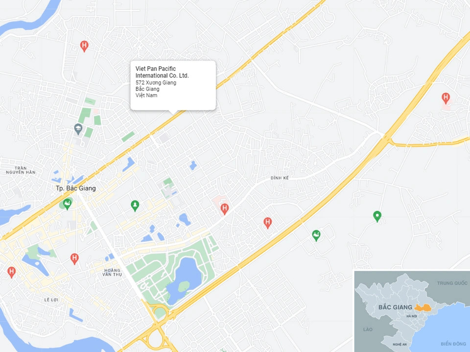 Hỏa hoạn xảy ra tại Công ty cổ phần May quốc tế Vietpan-Pacific, đường Xương Giang, thành phố Bắc Giang, tỉnh Bắc Giang. Ảnh: Google Maps.