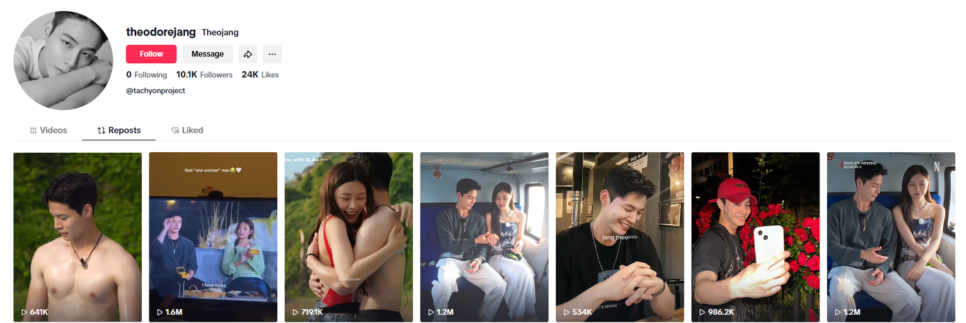 Có 5/9 video đăng lại của Jang Theo nói về quan hệ thả thính, tình cảm giữa anh và Si An.