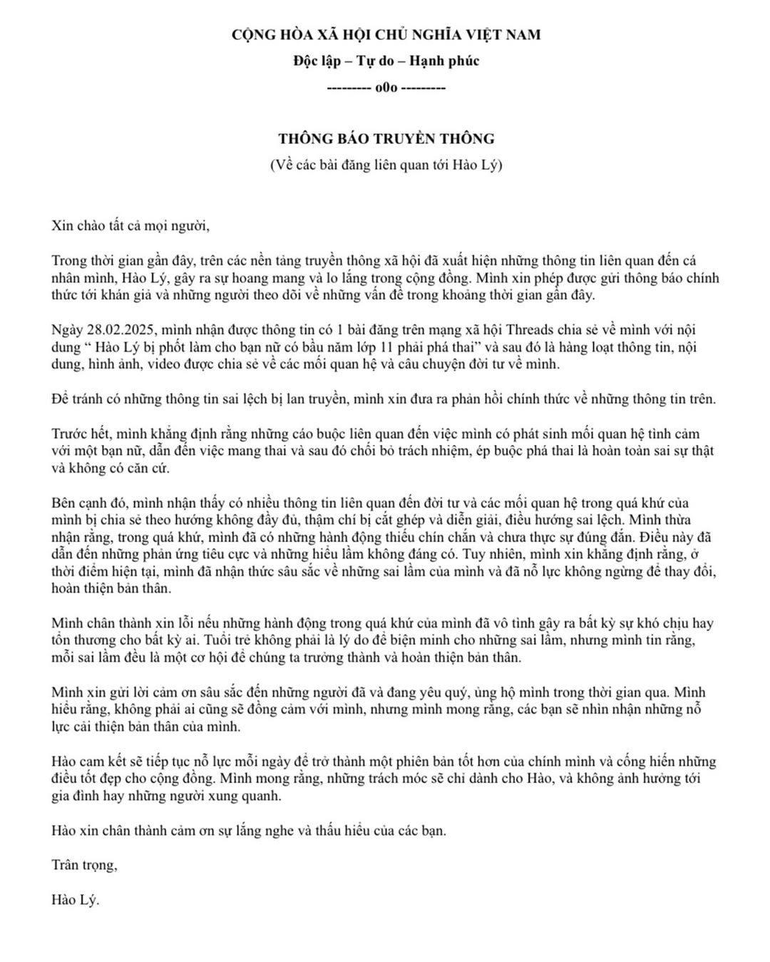 Tối 3/3, Hào Lý chính thức lên tiếng về ồn ào đời tư thông qua Instagram cá nhân. Tối 3/3, Hào Lý chính thức lên tiếng về ồn ào đời tư thông qua Instagram cá nhân.