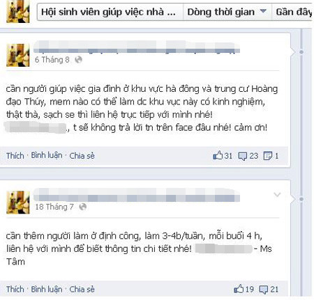Trang Facebook của một trung tâm môi giới giúp việc theo giờ 
