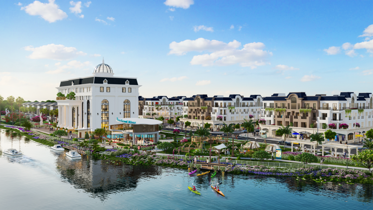 Cụm tiện ích công viên ven công viên Sun River rộng 1 ha: clubhouse, lâu đài rượu vang, hồ bơi, khu vui chơi trẻ em, khu camping, bến du thuyền...