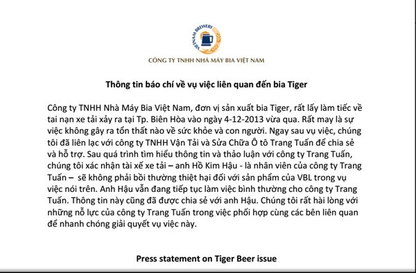 Toàn văn thông cáo từ hãng bia