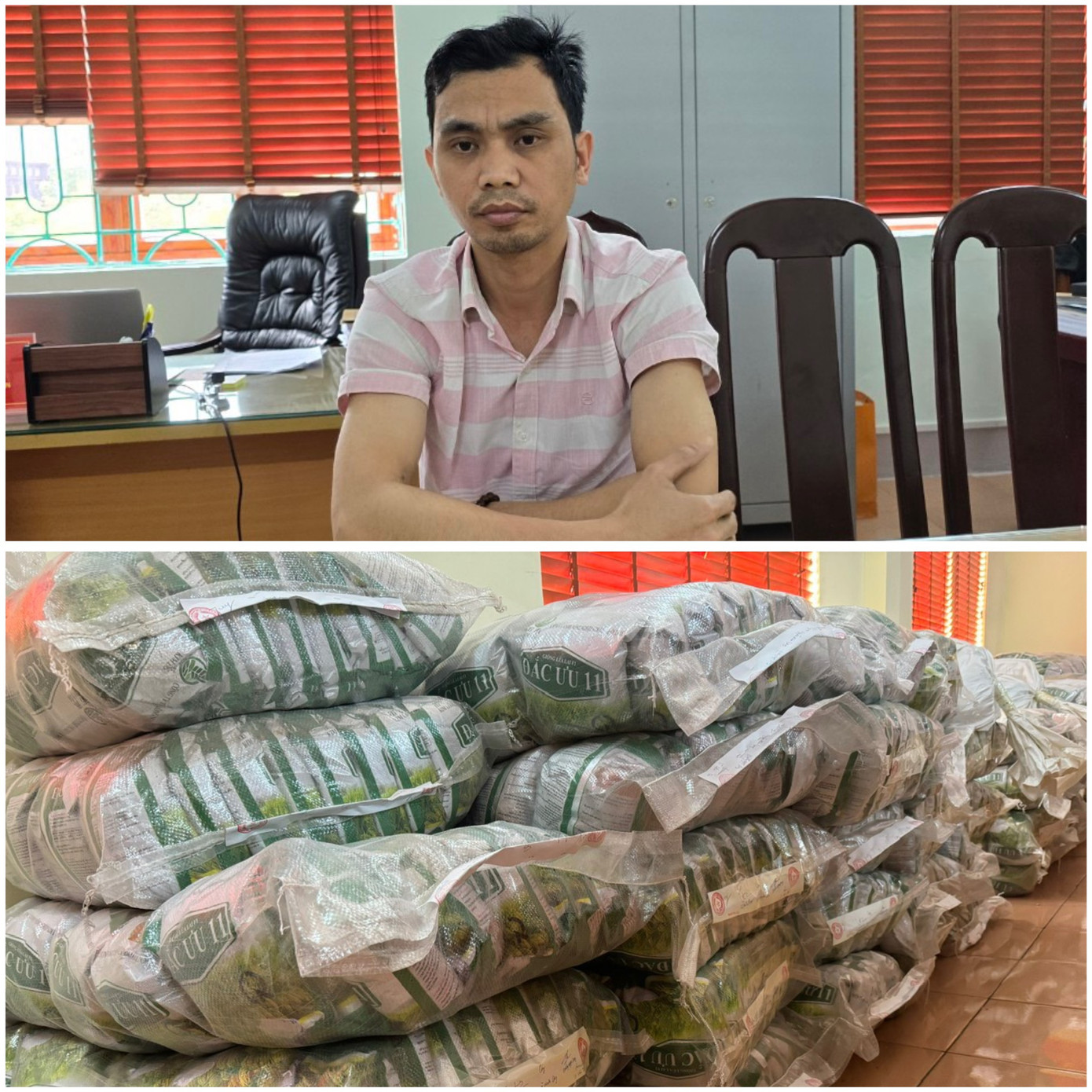 Bị can Dương Ngọc Duy cùng tang vật tại cơ quan công an.