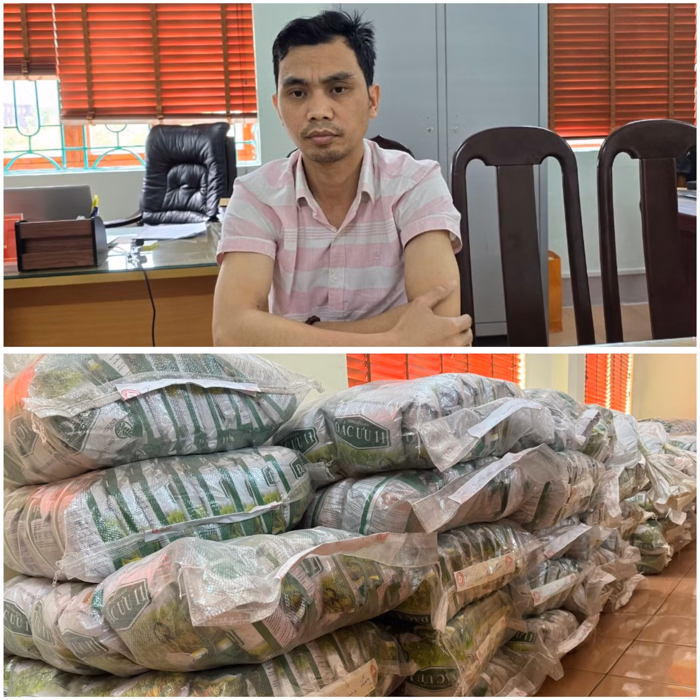 Bị can Dương Ngọc Duy cùng tang vật tại cơ quan công an. Bị can Dương Ngọc Duy cùng tang vật tại cơ quan công an.