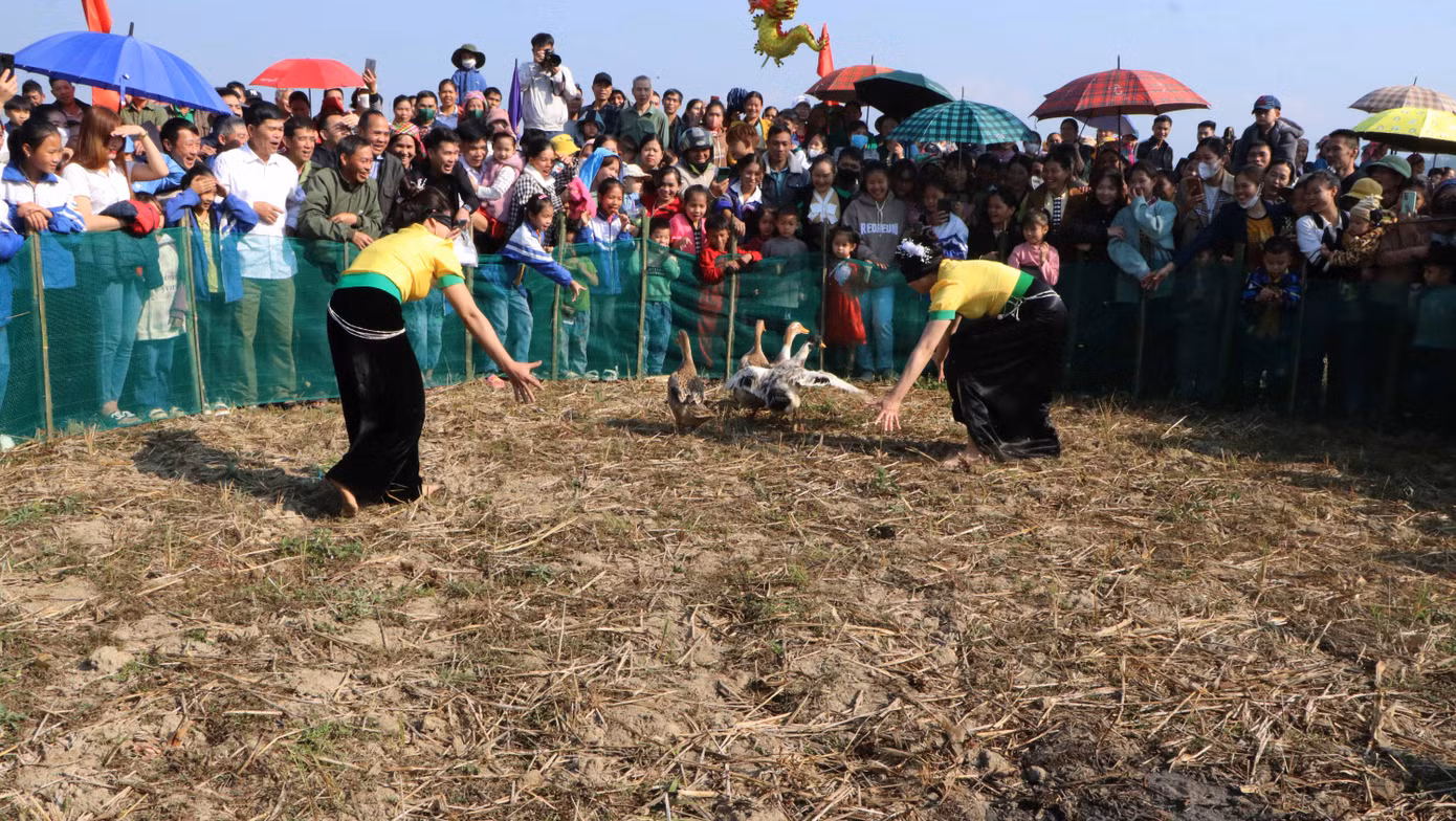 Trò chơi bịt mắt bắt vịt thu hút đông đảo người dân địa phương và du khách tham gia.