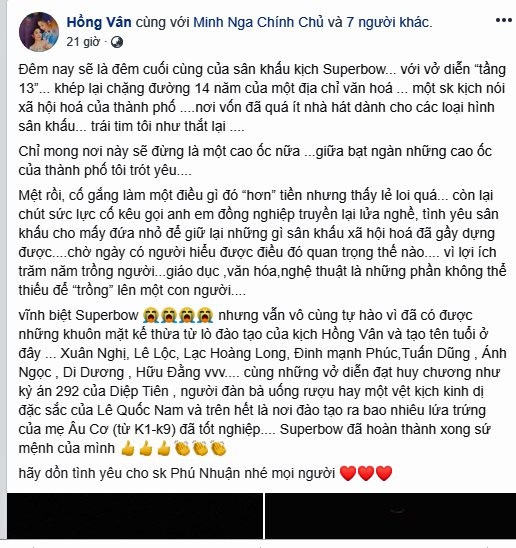 Nghệ sĩ Việt xúc động chia sẻ khi sân khấu kịch của NSND Hồng Vân phải đóng cửa ảnh 1