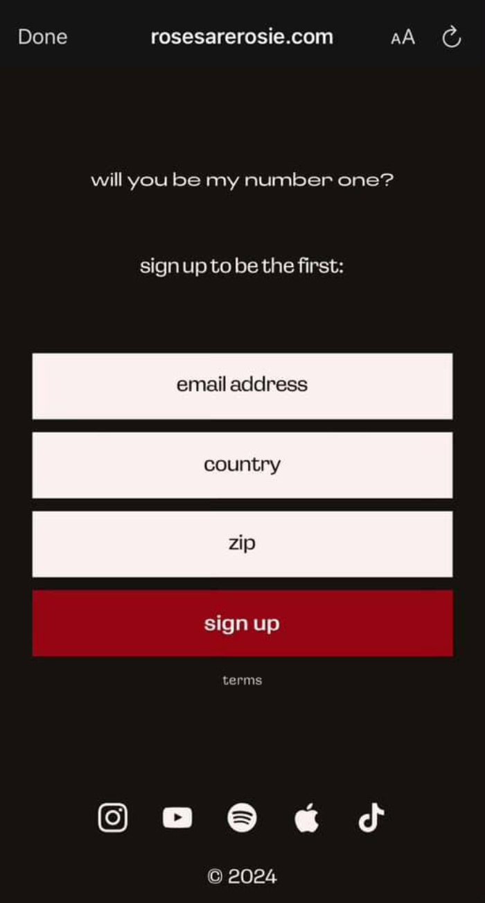 Rosé còn đính kèm trên bio 2 tài khoản Instagram đường link dẫn tới website mang tên mình, mở đầu với lời nhắn nhủ ngọt ngào "Will you be my number one?" (tạm dịch: "Bạn sẽ là số một lòng mình chứ?). Rosé còn đính kèm trên bio 2 tài khoản Instagram đường link dẫn tới website mang tên mình, mở đầu với lời nhắn nhủ ngọt ngào "Will you be my number one?" (tạm dịch: "Bạn sẽ là số một lòng mình chứ?).