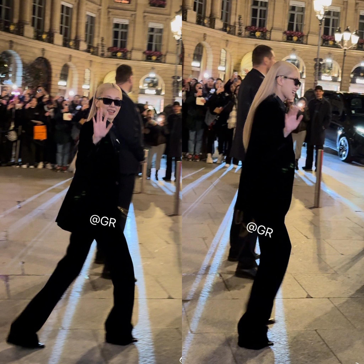 Hình ảnh Rosé vội vã từ khách sạn ra xe để đến bữa tiệc của YSL, người hâm mộ đều để lại bình luận khen ngợi cho phong cách tổng tài của cô. - Nguồn ảnh: GR