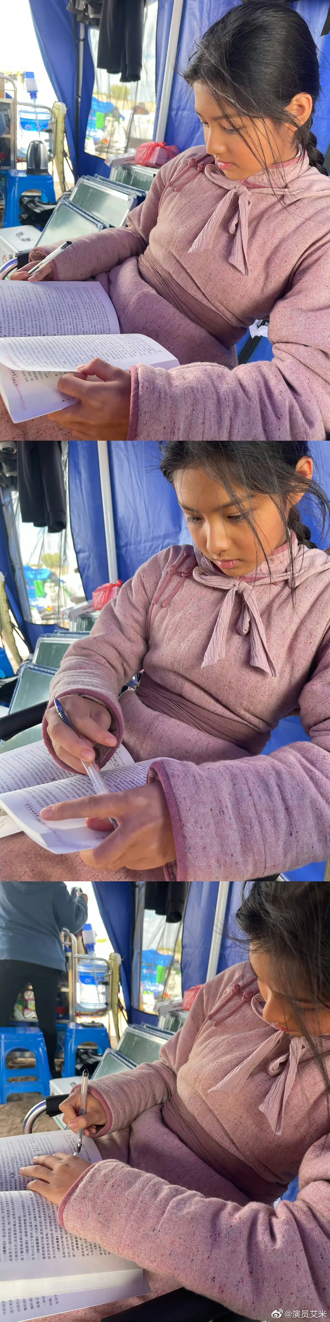 Ngải Mễ học bài trong trường quay.