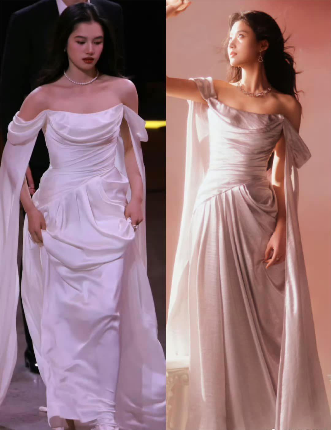 Cư dân mạng nhận thấy trang phục của Lư Dục Hiểu và Trương Tịnh Nghi đều có điểm chung với thiết kế váy suông trễ vai và xếp ly ở eo. Cư dân mạng nhận thấy trang phục của Lư Dục Hiểu và Trương Tịnh Nghi đều có điểm chung với thiết kế váy suông trễ vai và xếp ly ở eo.