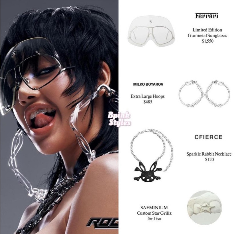 Chỉ tính riêng các phụ kiện như mắt kính phiên bản giới hạn, vòng cổ, bông tai mà Lisa trong ảnh teaser đã có giá gần 55 triệu đồng. - Nguồn: Bpink Styles.