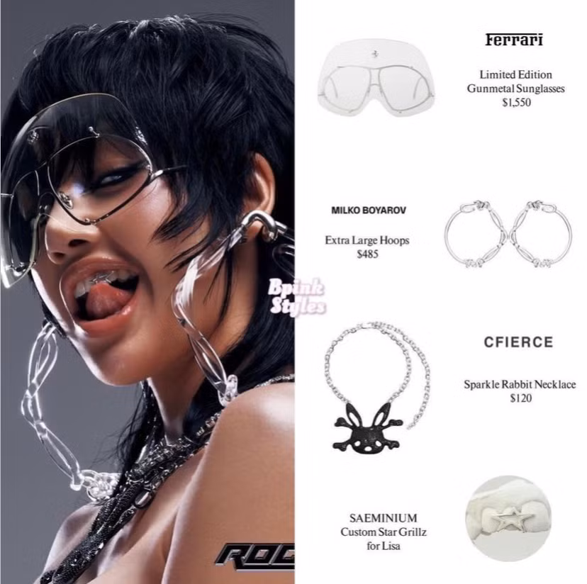 Chỉ tính riêng các phụ kiện như mắt kính phiên bản giới hạn, vòng cổ, bông tai mà Lisa trong ảnh teaser đã có giá gần 55 triệu đồng. - Nguồn: Bpink Styles.