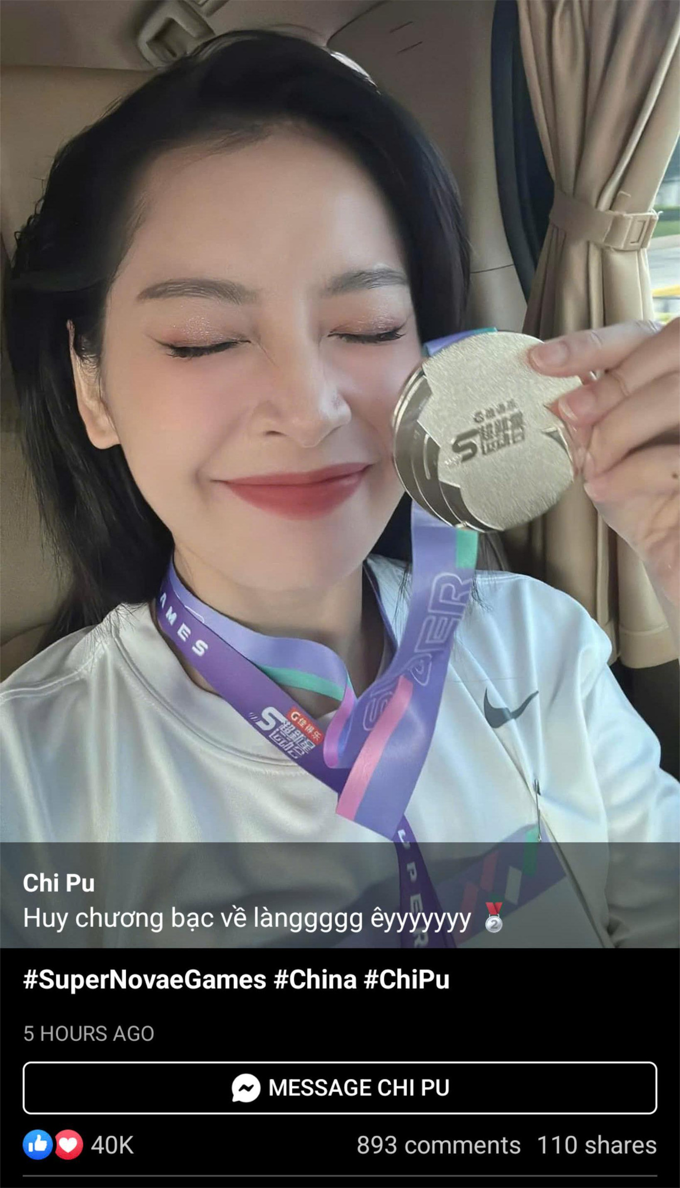 Bài viết Chi Pu "flex" huy chương Bạc tại Super Novae Games nhận được tương tác khủng trên mạng xã hội.