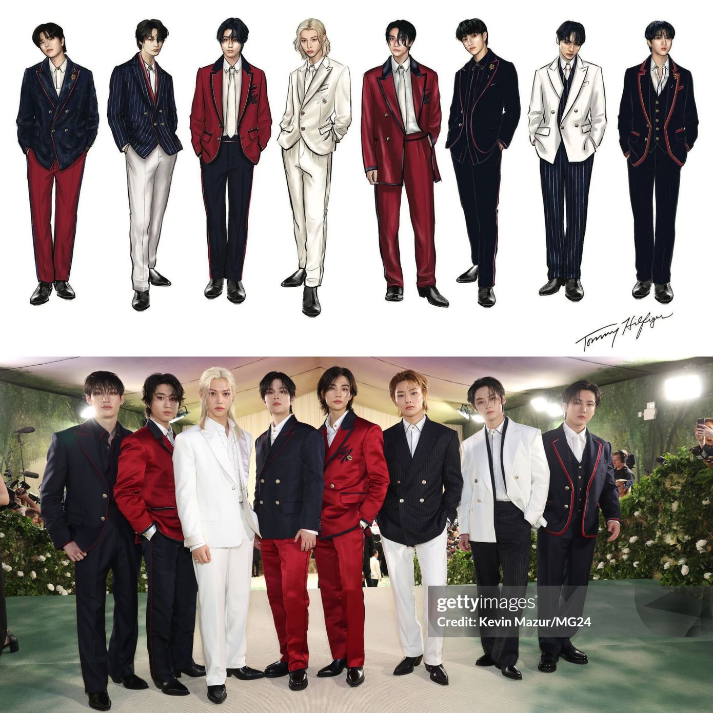 Bản phác thảo và outfit hoàn chỉnh của Tommy Hilfiger dành cho Stray Kids tại Met Gala 2024. Bản phác thảo và outfit hoàn chỉnh của Tommy Hilfiger dành cho Stray Kids tại Met Gala 2024.