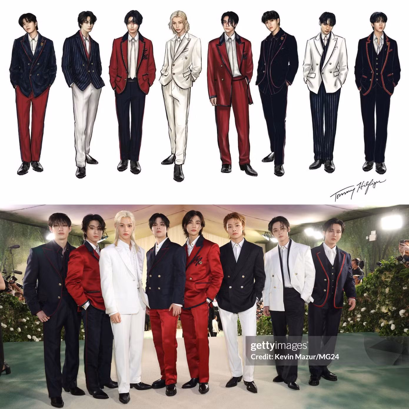 Bản phác thảo và outfit hoàn chỉnh của Tommy Hilfiger dành cho Stray Kids tại Met Gala 2024. Bản phác thảo và outfit hoàn chỉnh của Tommy Hilfiger dành cho Stray Kids tại Met Gala 2024.