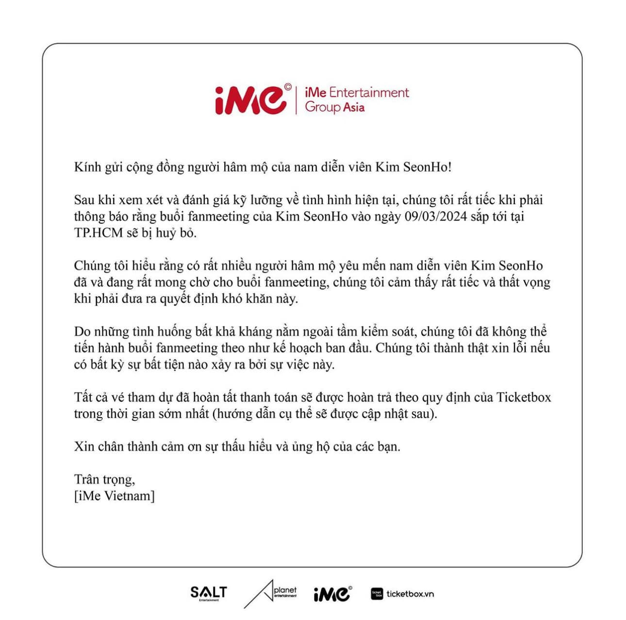 Thông báo bất ngờ về việc hủy bỏ fan meeting của Kim Seon Ho được iMe đăng tải. Thông báo bất ngờ về việc hủy bỏ fan meeting của Kim Seon Ho được iMe đăng tải.